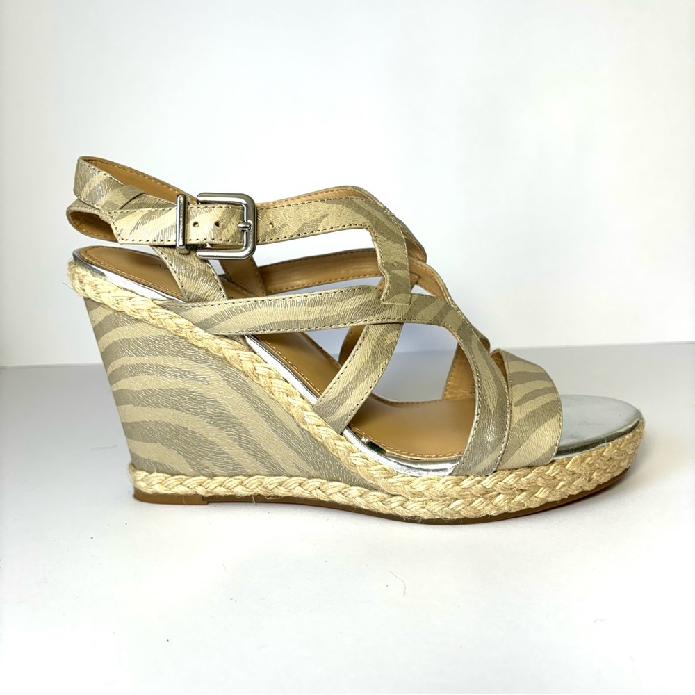 ANTONIO MELANI Leather Espadrille High Wedge Sandal Cream Gold Zebra Print Sz 10